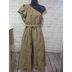 Madewell Olive Ruffled One-Shoulder Cotton Midi Dress Belted Pockets Size 12 NWT